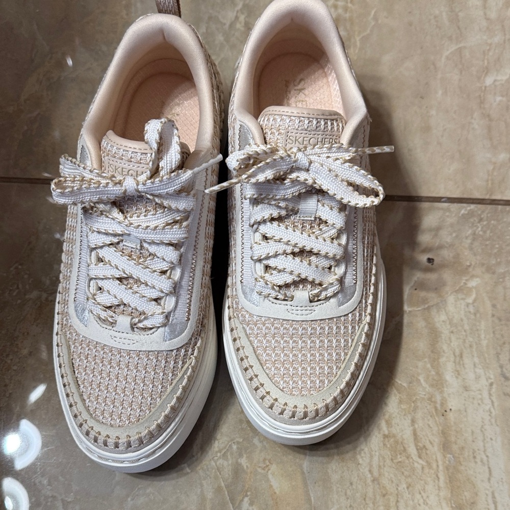 Skechers Women’s Cream Knit Lace-Up Sneakers